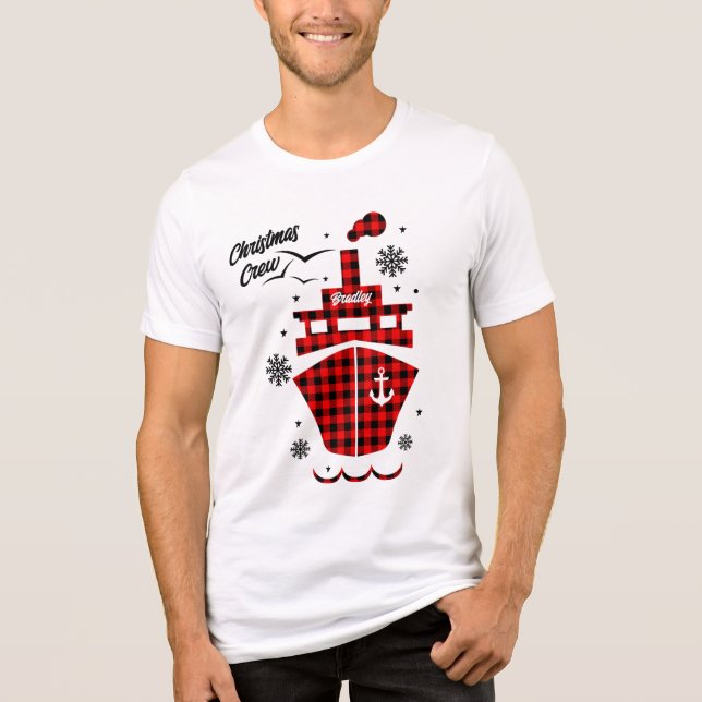 Christmas Crew Plaid Boat Ship Holiday Custom Name Tri-Blend Shirt (Front)