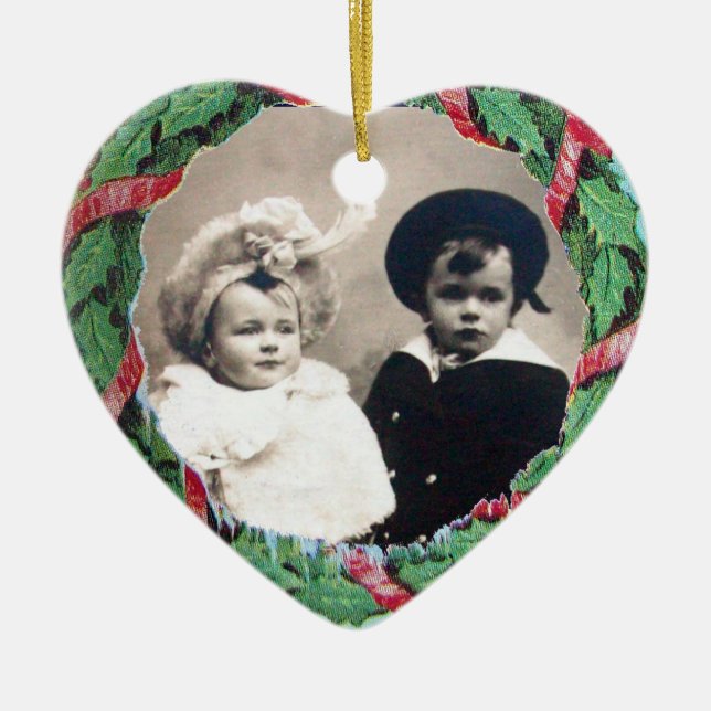 CHRISTMAS CROWN HEART  PHOTO TEMPLATE , Red Ruby Ceramic Ornament (Front)