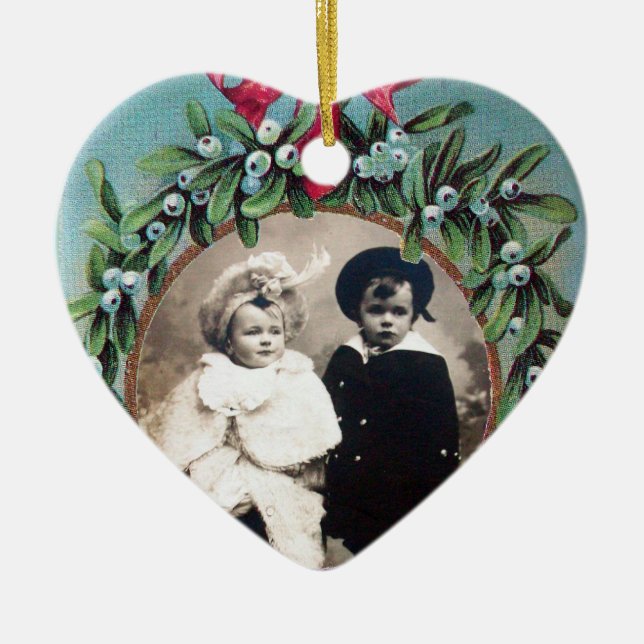CHRISTMAS CROWN  MISTLETOES HEART  PHOTO TEMPLATE CERAMIC ORNAMENT (Front)