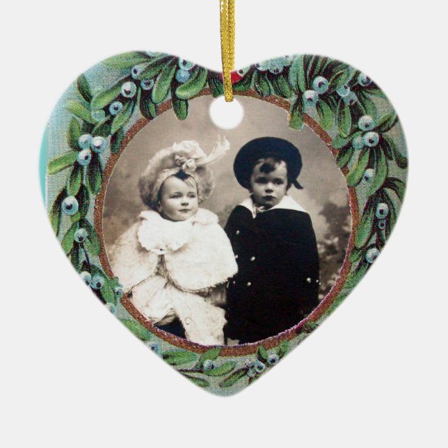 CHRISTMAS CROWN MISTLETOES  HEART PHOTO TEMPLATE CERAMIC ORNAMENT (Front)