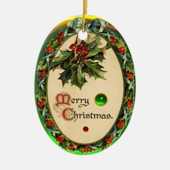CHRISTMAS CROWN WITH HOLLY BERRIES AND GEM STONES CERAMIC ORNAMENT (Front)