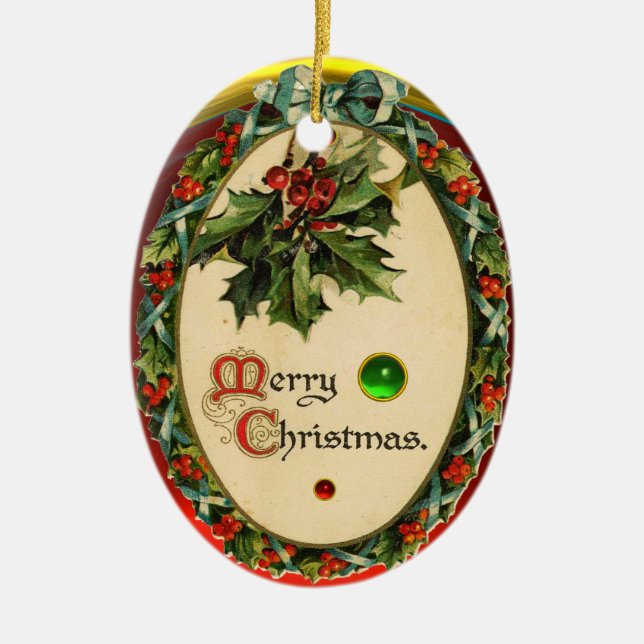 CHRISTMAS CROWN WITH HOLLY BERRIES AND GEM STONES CERAMIC ORNAMENT (Front)