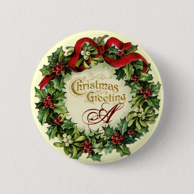 CHRISTMAS CROWN WITH MISTLETOES AND HOLLY BERRIES 2 INCH ROUND BUTTON (Front)