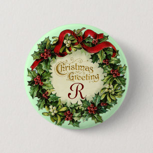 CHRISTMAS CROWN WITH MISTLETOES AND HOLLY BERRIES 2 INCH ROUND BUTTON