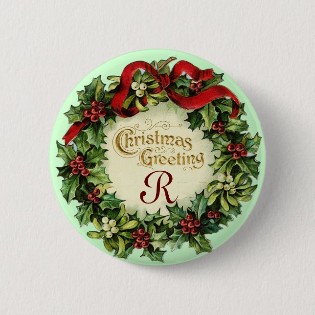 CHRISTMAS CROWN WITH MISTLETOES AND HOLLY BERRIES 2 INCH ROUND BUTTON (Front)