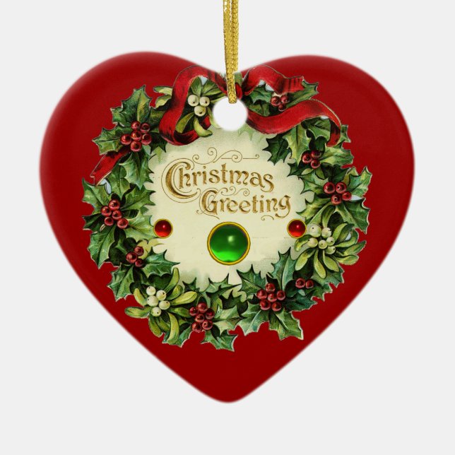 CHRISTMAS CROWN WITH MISTLETOES AND HOLLY BERRIES CERAMIC ORNAMENT (Front)