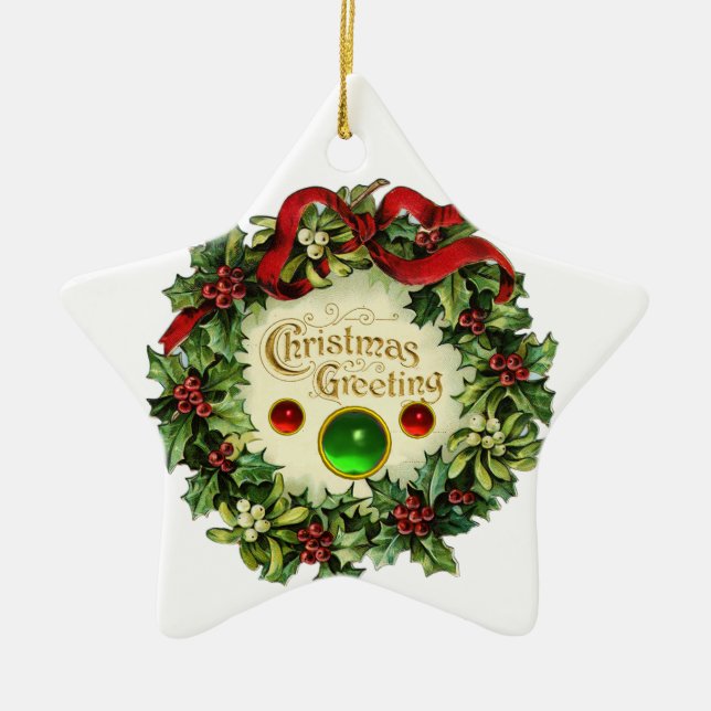 CHRISTMAS CROWN WITH MISTLETOES AND HOLLY BERRIES CERAMIC ORNAMENT (Front)