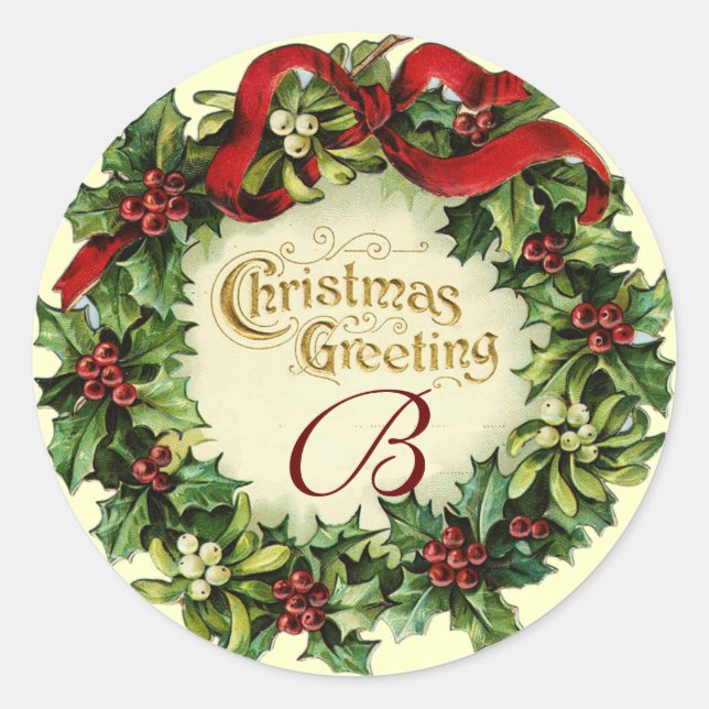 CHRISTMAS CROWN WITH MISTLETOES AND HOLLY BERRIES CLASSIC ROUND STICKER (Front)