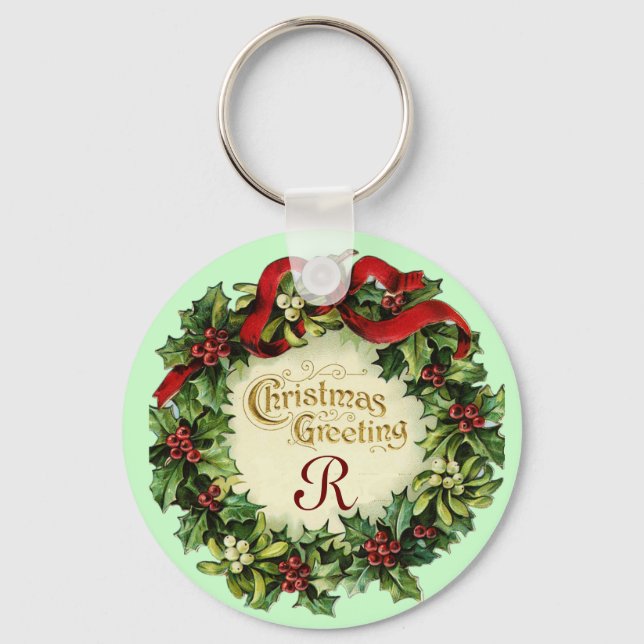 CHRISTMAS CROWN WITH MISTLETOES AND HOLLY BERRIES KEYCHAIN (Front)