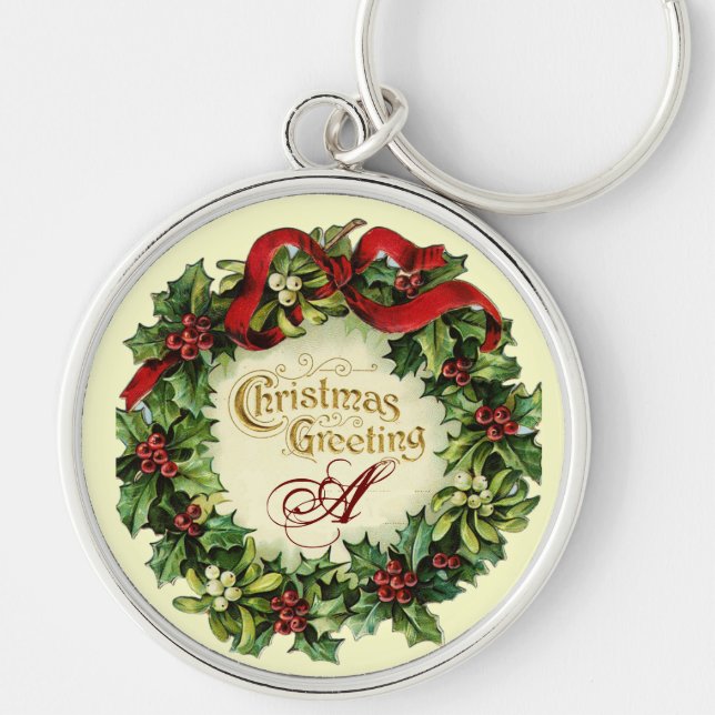CHRISTMAS CROWN WITH MISTLETOES AND HOLLY BERRIES KEYCHAIN (Front)