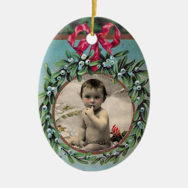 CHRISTMAS CROWN WITH MISTLETOES PHOTO TEMPLATE CERAMIC ORNAMENT (Front)