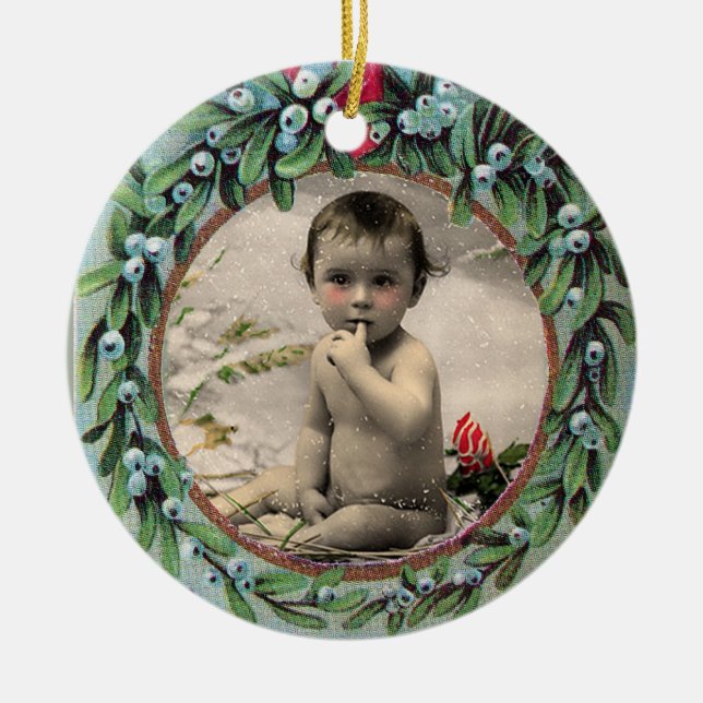 CHRISTMAS CROWN WITH MISTLETOES PHOTO TEMPLATE CERAMIC ORNAMENT (Front)