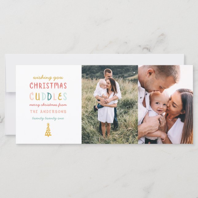 Christmas cuddles two photo family holiday card (Front)