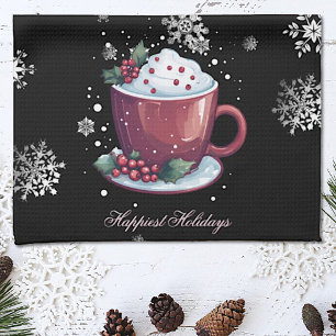 Christmas Cup of Hot Chocolate Black Kitchen Towel