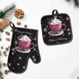Christmas Cup of Hot Chocolate Black Oven Mitt & Pot Holder Set