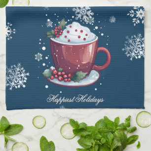 Christmas Cup of Hot Chocolate   Blue Kitchen Towel
