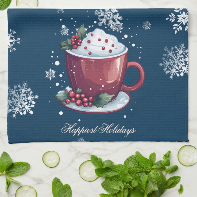 Christmas Cup of Hot Chocolate | Blue Kitchen Towel (Folded)