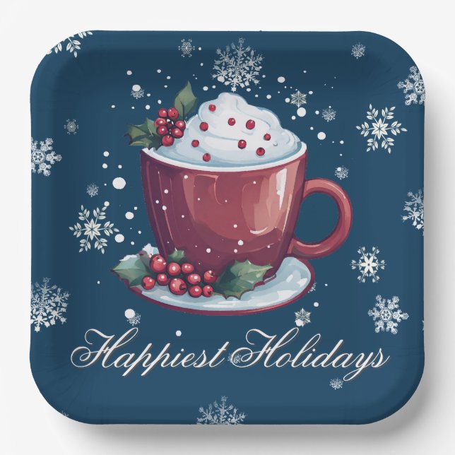 Christmas Cup of Hot Chocolate | Blue Paper Plate (Front)