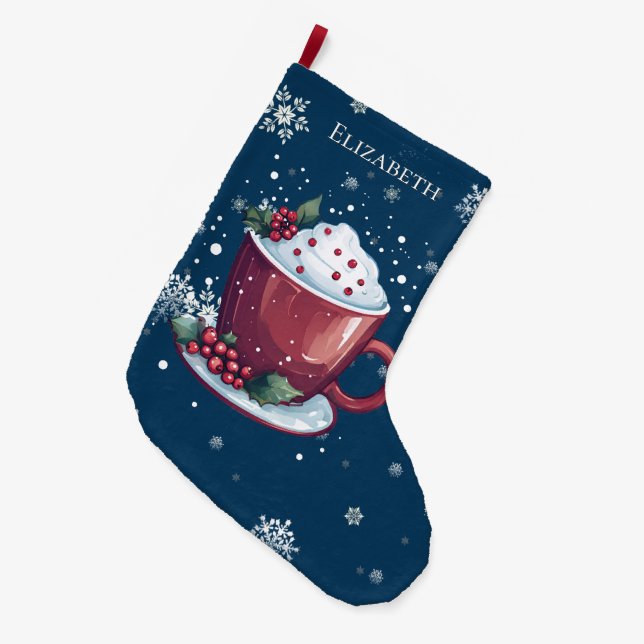 Christmas Cup of Hot Chocolate Blue Personalized Large Christmas Stocking (Front (Hanging))