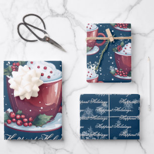 Christmas Cup of Hot Chocolate Blue Wrapping Paper Sheet
