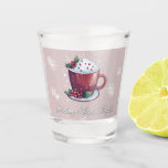 Christmas Cup of Hot Chocolate | Blush Pink Glass<br><div class="desc">Raise a festive toast with this charming holiday Blush Pink Christmas Cup of Hot Chocolate Shot Glass, featuring a cozy watercolor illustration of a steaming cup of Christmas hot chocolate adorned with holly berries, delicate snowflakes, and softly falling snow. The phrase Making Spirits Bright is elegantly scripted, adding a whimsical...</div>