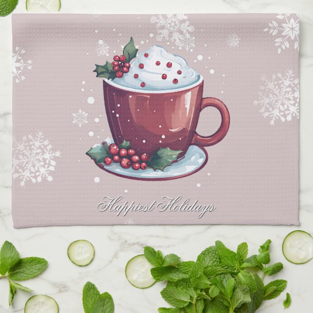 Christmas Cup of Hot Chocolate | Blush Pink Kitchen Towel (Folded)