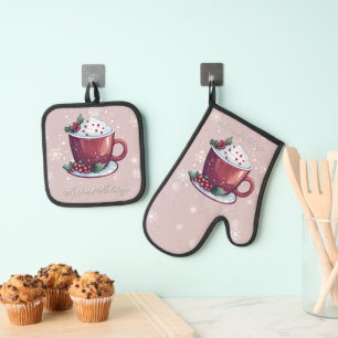 Christmas Cup of Hot Chocolate   Blush Pink Oven Mitt & Pot Holder Set