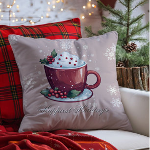 Christmas Cup of Hot Chocolate   Blush Pink Throw Pillow