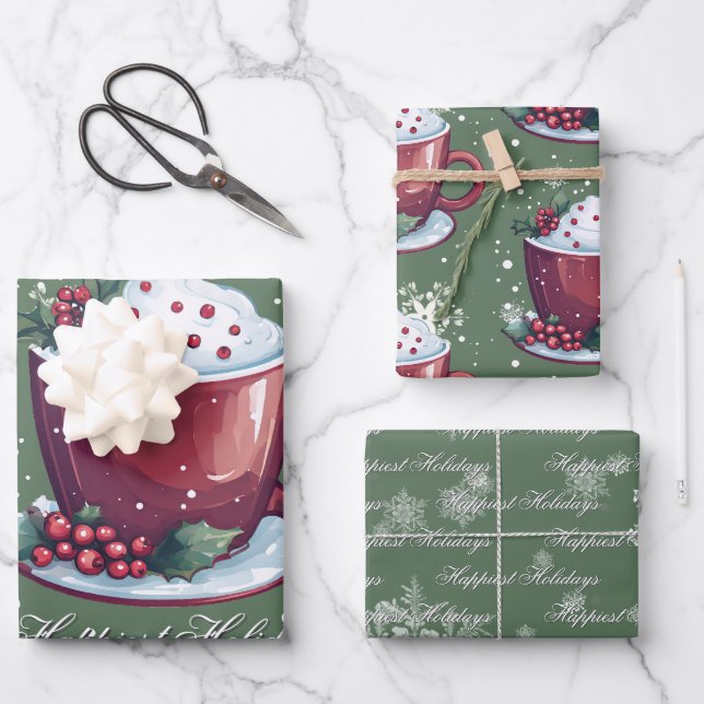 Christmas Cup of Hot Chocolate | Green Wrapping Paper Sheet (Front)