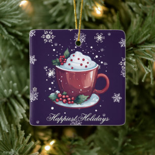 Christmas Cup of Hot Chocolate Purple Ceramic Ornament