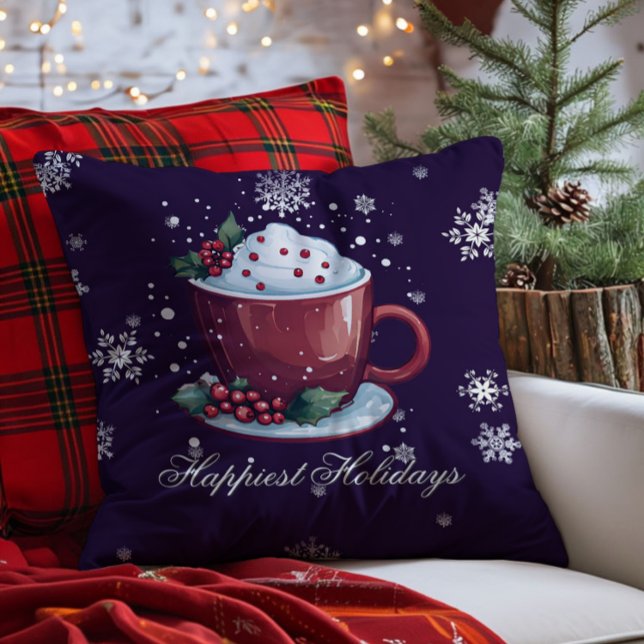 Christmas Cup of Hot Chocolate | Purple Throw Pillow (Purple Christmas Cup of Hot Chocolate Throw Pillow)