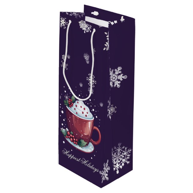 Christmas Cup of Hot Chocolate | Purple Wine Gift Bag (Front Angled)