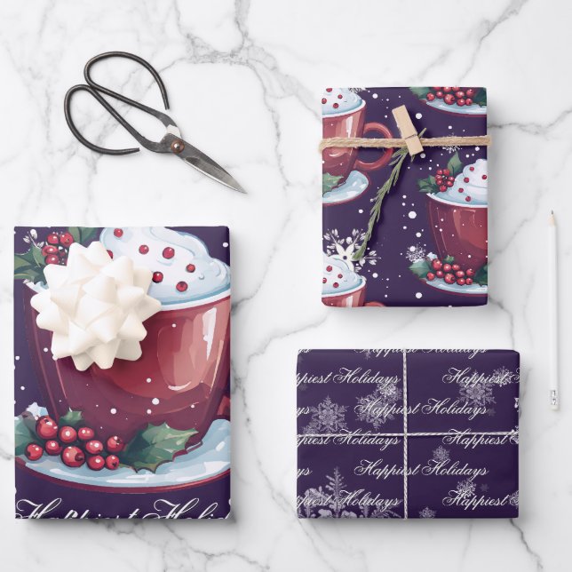 Christmas Cup of Hot Chocolate | Purple Wrapping Paper Sheet (Front)