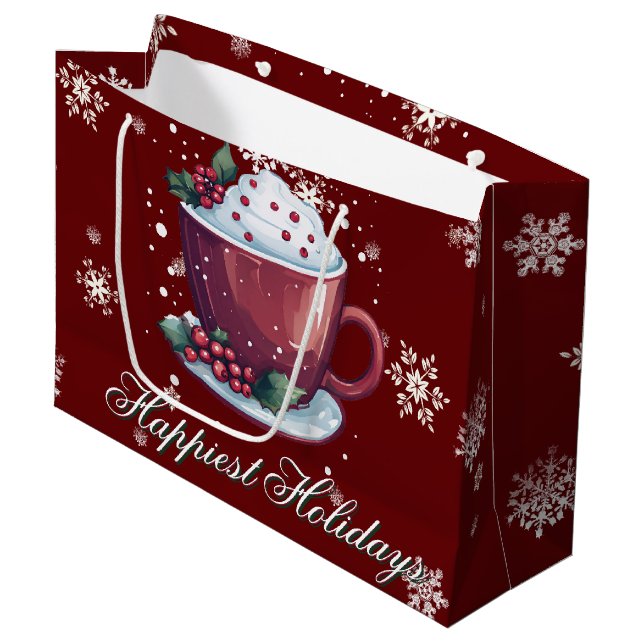 Christmas Cup of Hot Chocolate | Red Large Gift Bag (Front Angled)