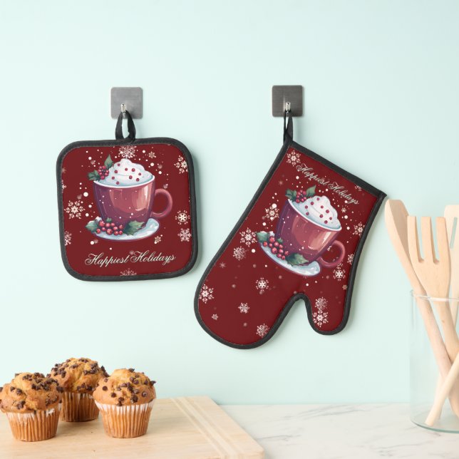 Christmas Cup of Hot Chocolate | Red Oven Mitt & Pot Holder Set (Insitu(Hanging))