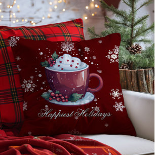 Christmas Cup of Hot Chocolate Red Throw Pillow