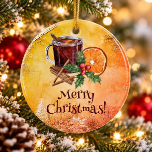 Christmas Cup Orange Holly Berry Cinnamon Greeting Ceramic Ornament