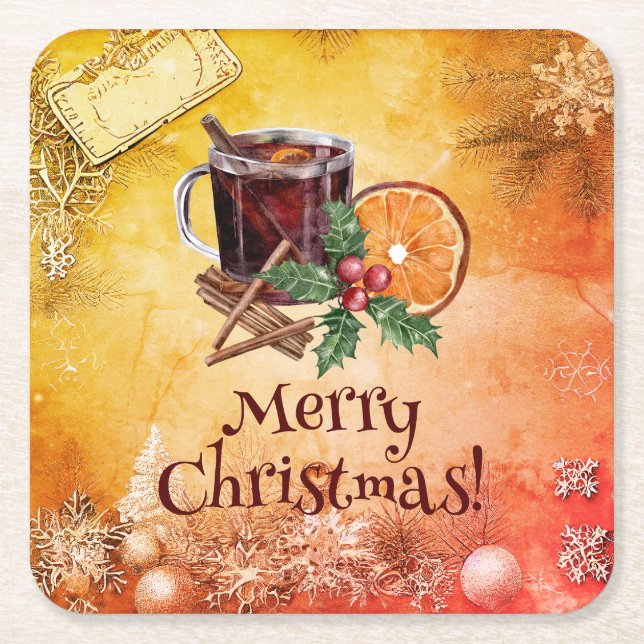 Christmas Cup Orange Holly Berry Cinnamon Greeting Square Paper Coaster (Front)