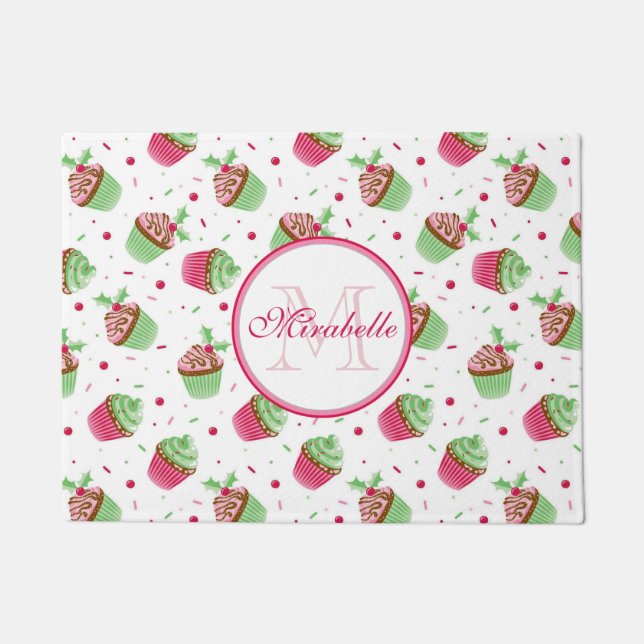 Christmas cupcake design, Name & Monogram Doormat (Front)