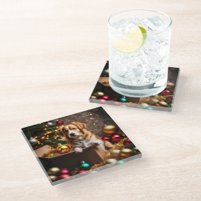 Christmas Curious Dog Glass Coaster (Angled)
