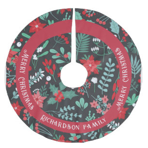 Christmas custom family name flower pattern brushed polyester tree skirt