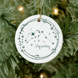 Christmas Custom Name Aquarius Zodiac Sign Green Ceramic Ornament