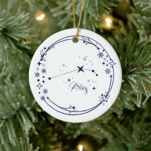 Christmas Custom Name Aries Zodiac Sign Stars Blue Ceramic Ornament