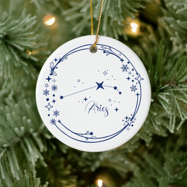 Christmas Custom Name Aries Zodiac Sign Stars Blue Ceramic Ornament (Tree)