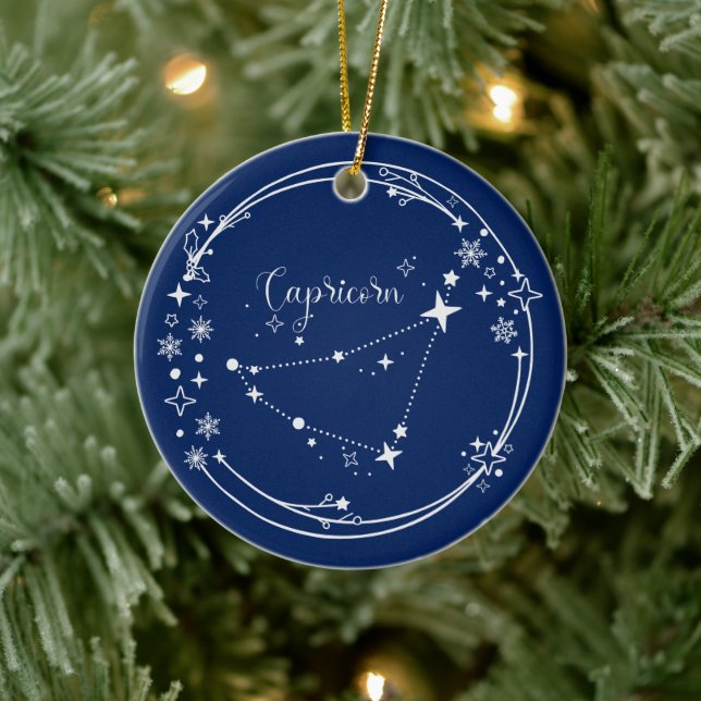 Christmas Custom Name Capricorn Zodiac Blue Silver Ceramic Ornament (Tree)