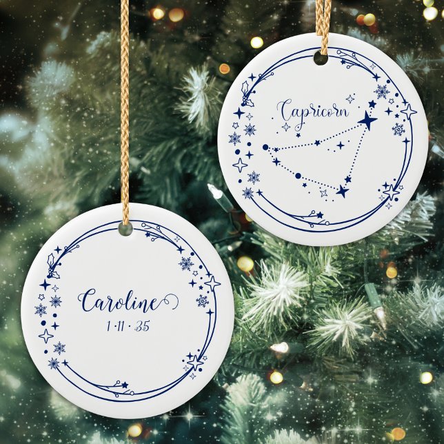 Christmas Custom Name Capricorn Zodiac Sign Blue Ceramic Ornament (Creator Uploaded)