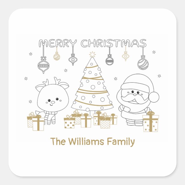 Christmas Custom Name Colouring Fun Cute Unique Square Sticker (Front)