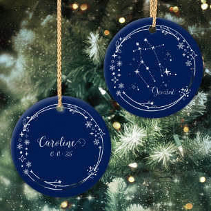 Christmas Custom Name Gemini Zodiac Blue Silver Ceramic Ornament