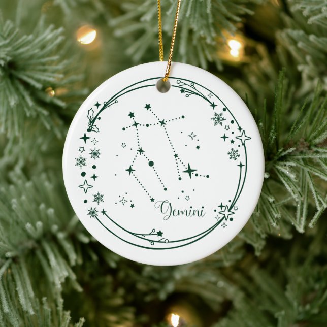 Christmas Custom Name Gemini Zodiac Sign Green Ceramic Ornament (Tree)