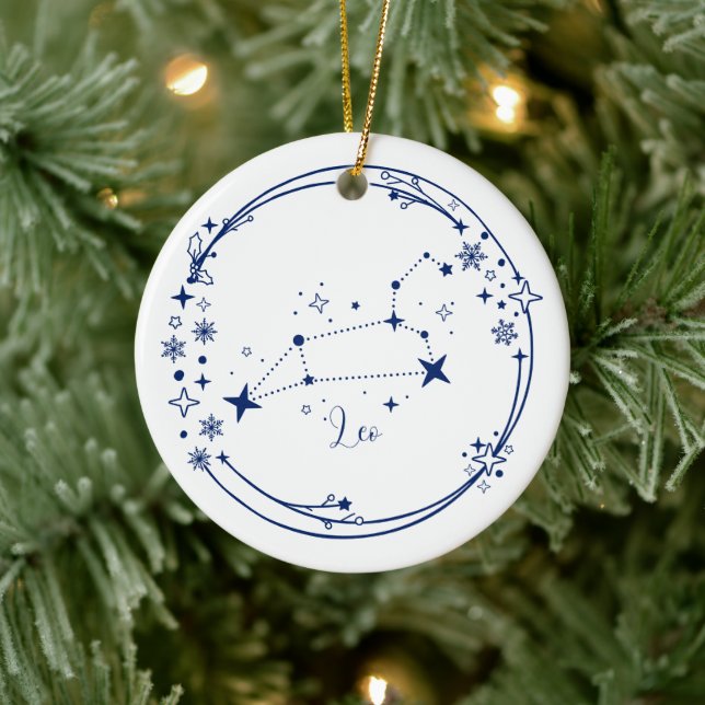 Christmas Custom Name Leo Zodiac Sign Blue Ceramic Ornament (Tree)